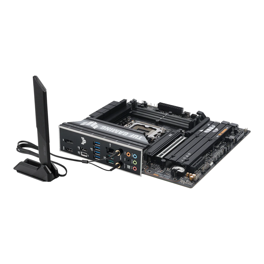A large main feature product image of ASUS TUF Gaming B860M-PLUS WiFi LGA1851 mATX Desktop Motherboard