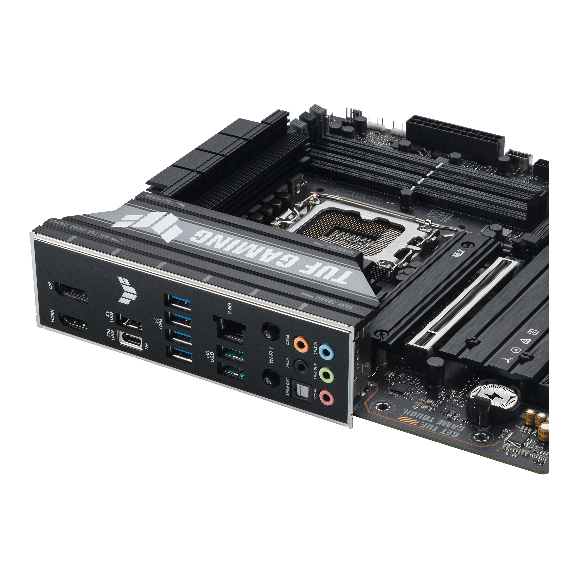 A large main feature product image of ASUS TUF Gaming B860M-PLUS WiFi LGA1851 mATX Desktop Motherboard