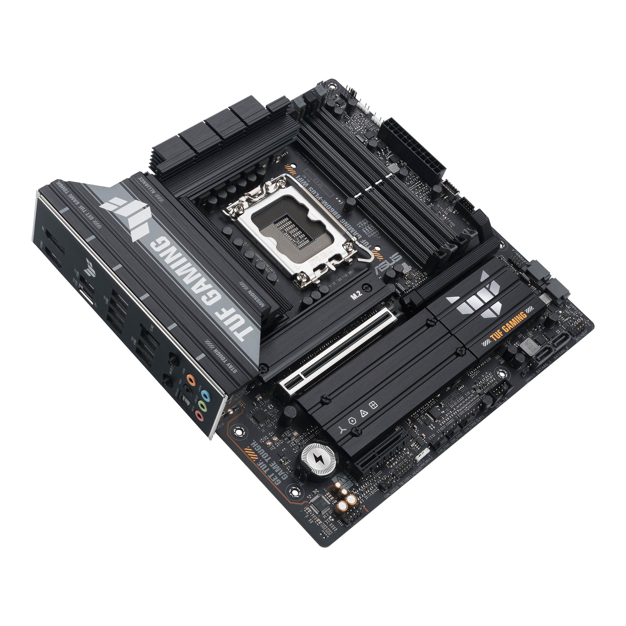 A large main feature product image of ASUS TUF Gaming B860M-PLUS WiFi LGA1851 mATX Desktop Motherboard
