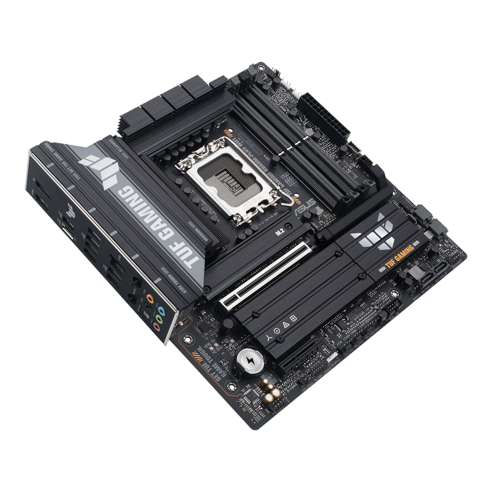 A large main feature product image of ASUS TUF Gaming B860M-PLUS WiFi LGA1851 mATX Desktop Motherboard