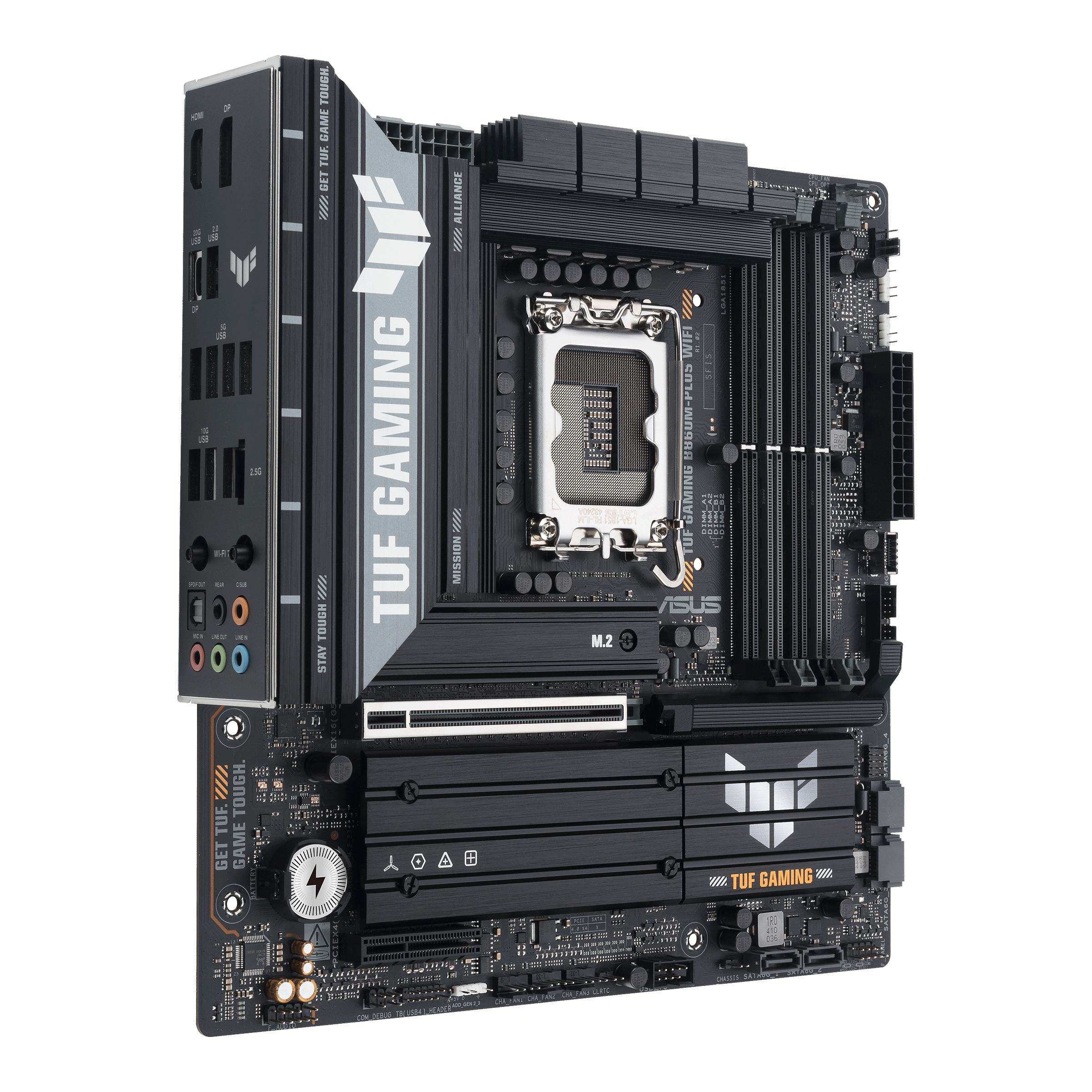 A large main feature product image of ASUS TUF Gaming B860M-PLUS WiFi LGA1851 mATX Desktop Motherboard