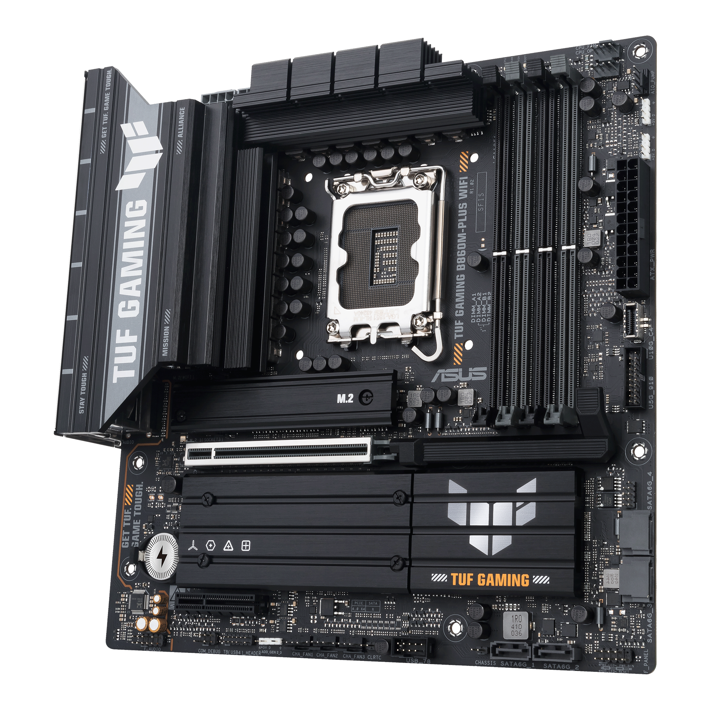 A large main feature product image of ASUS TUF Gaming B860M-PLUS WiFi LGA1851 mATX Desktop Motherboard