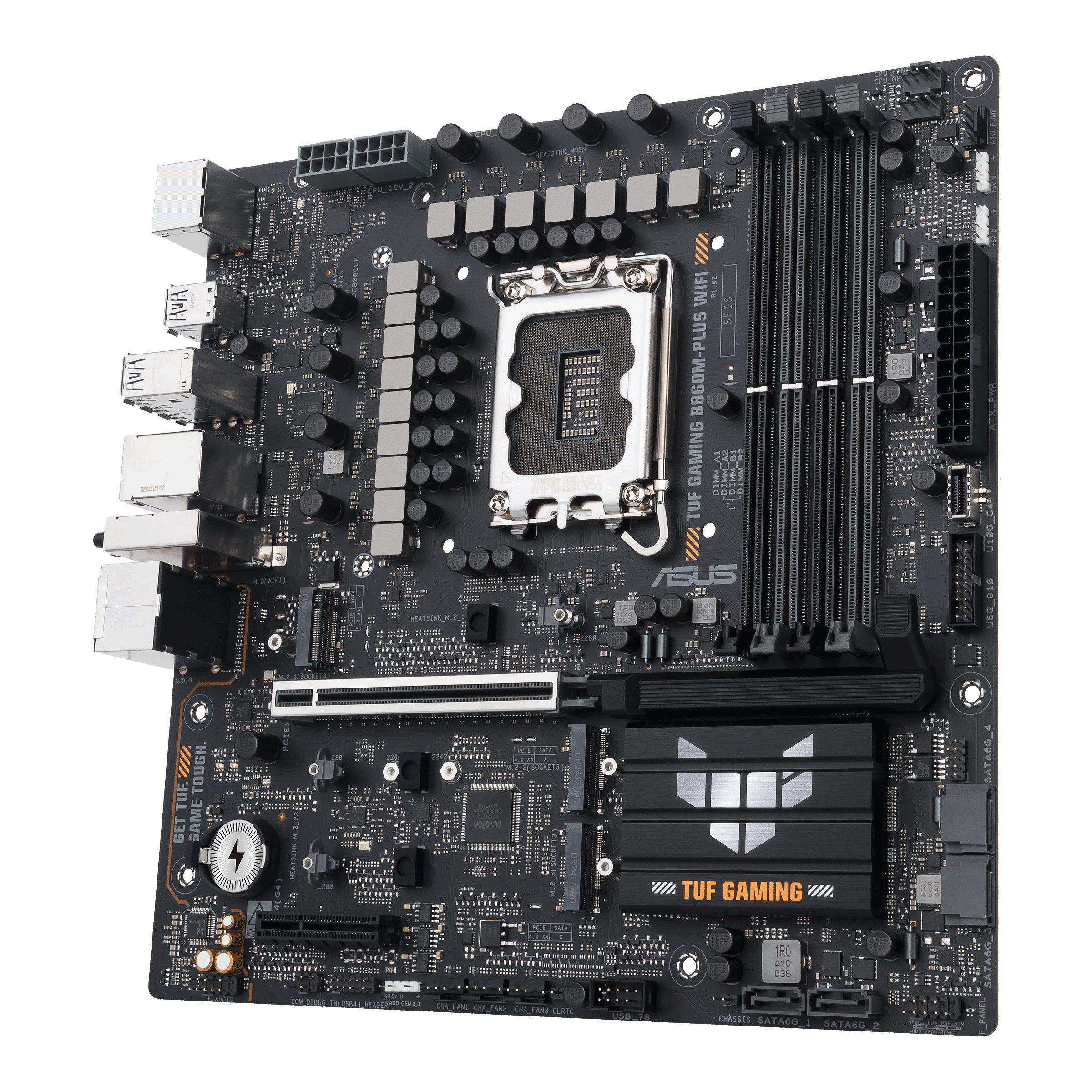 A large main feature product image of ASUS TUF Gaming B860M-PLUS WiFi LGA1851 mATX Desktop Motherboard