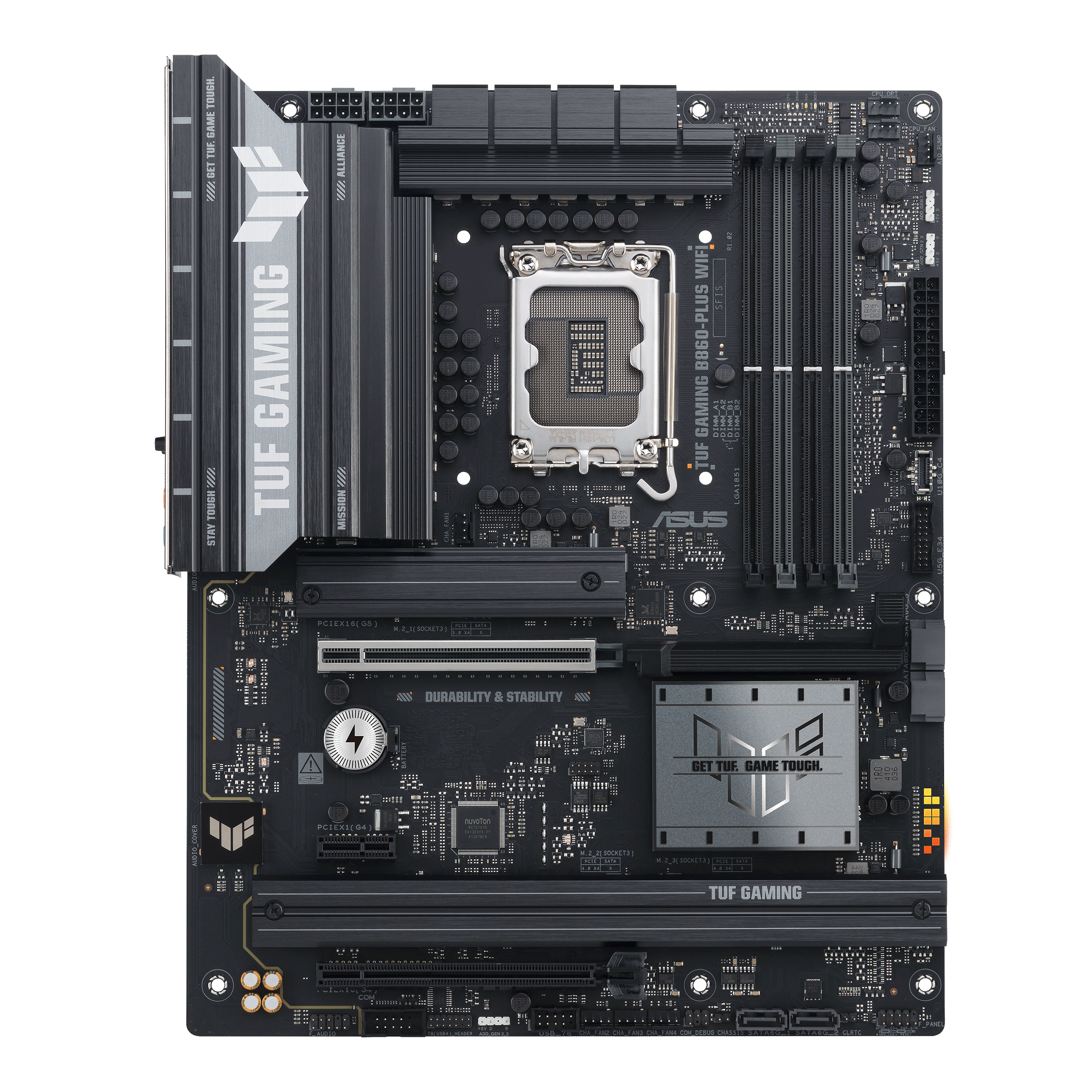 A large main feature product image of ASUS TUF Gaming B860-Plus WiFi LGA1851 ATX Desktop Motherboard