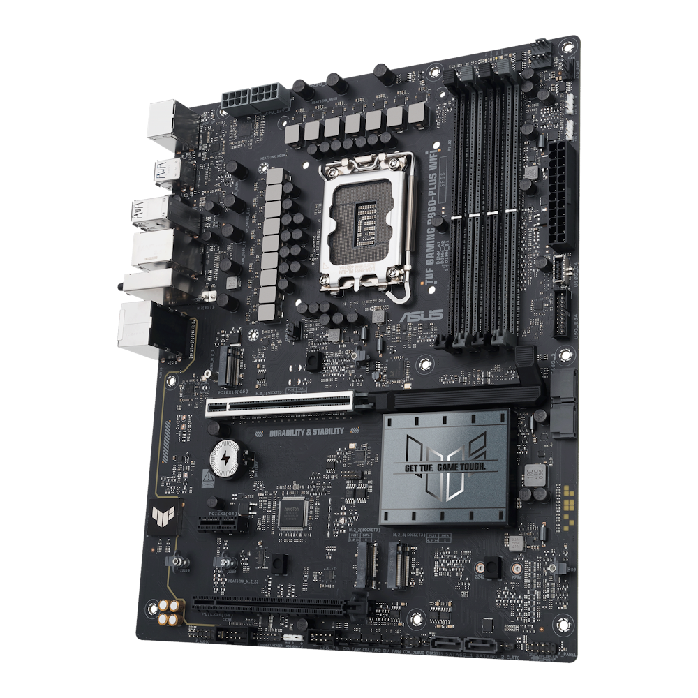 A large main feature product image of ASUS TUF Gaming B860-Plus WiFi LGA1851 ATX Desktop Motherboard