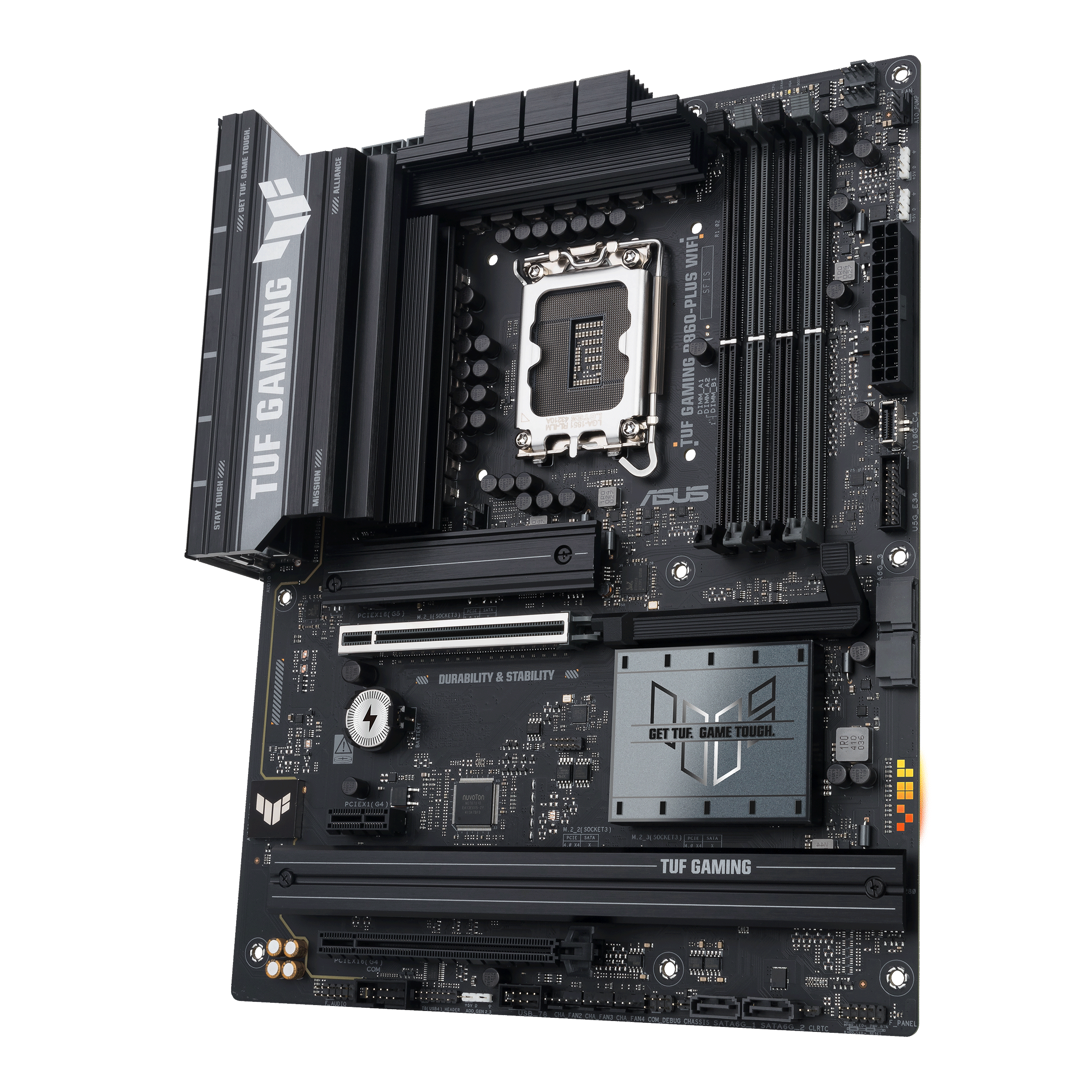 A large main feature product image of ASUS TUF Gaming B860-Plus WiFi LGA1851 ATX Desktop Motherboard
