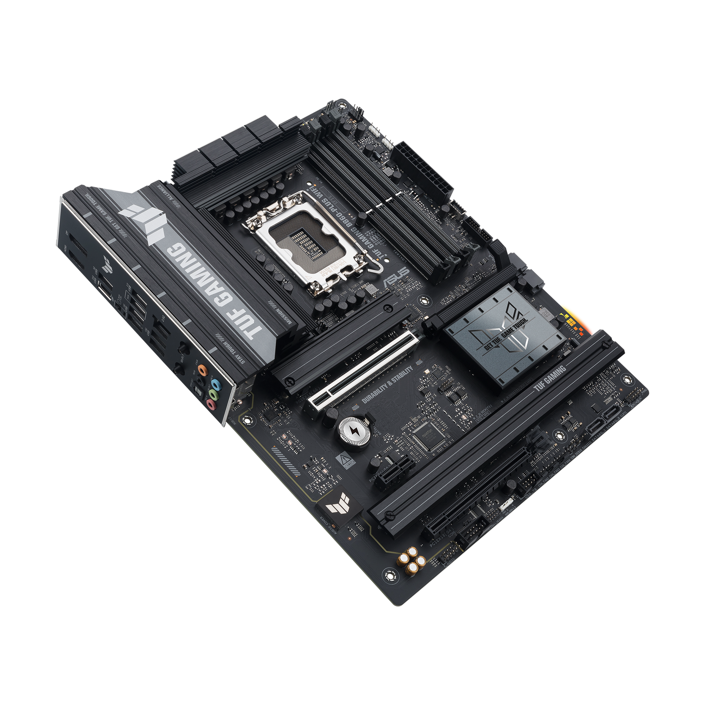 A large main feature product image of ASUS TUF Gaming B860-Plus WiFi LGA1851 ATX Desktop Motherboard