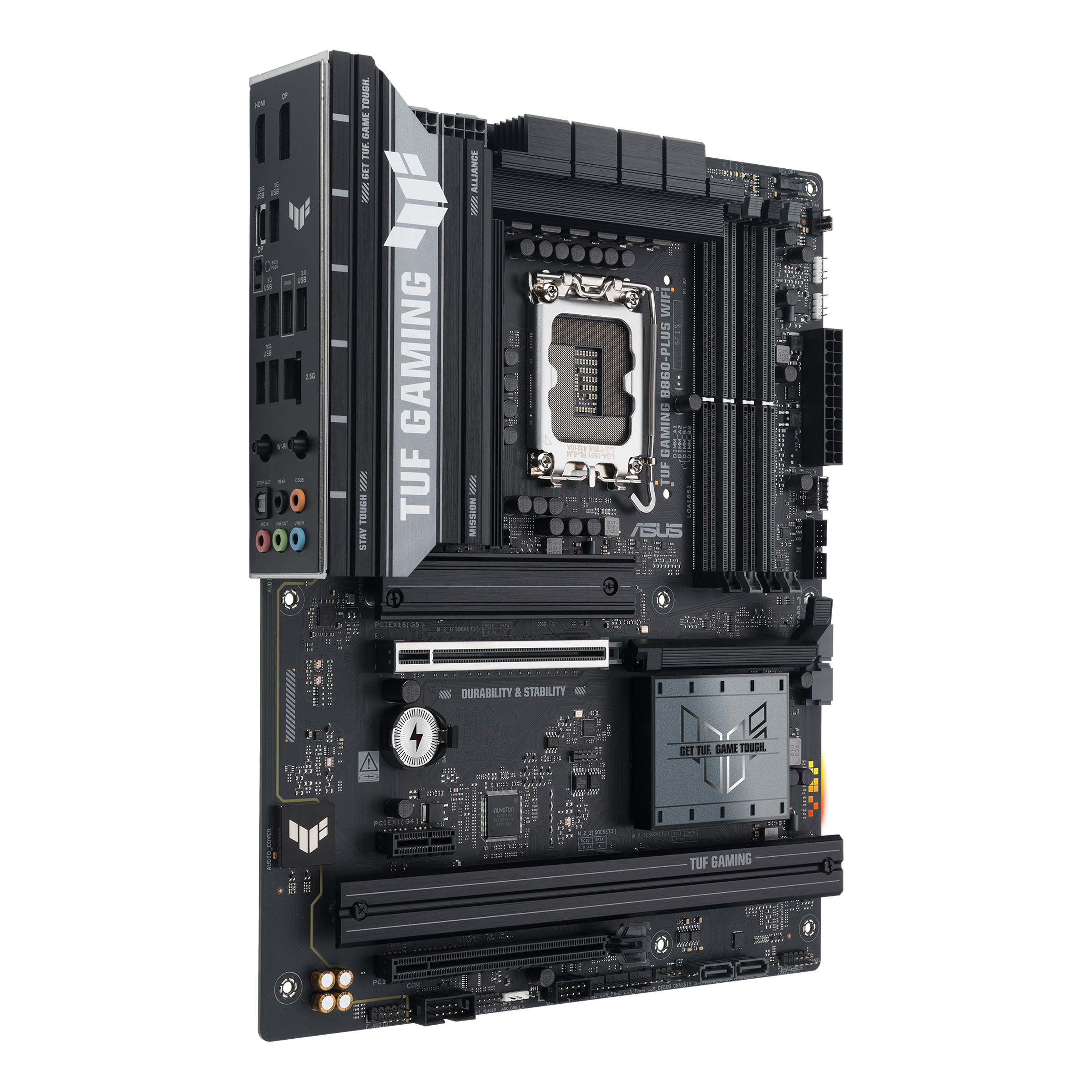 A large main feature product image of ASUS TUF Gaming B860-Plus WiFi LGA1851 ATX Desktop Motherboard
