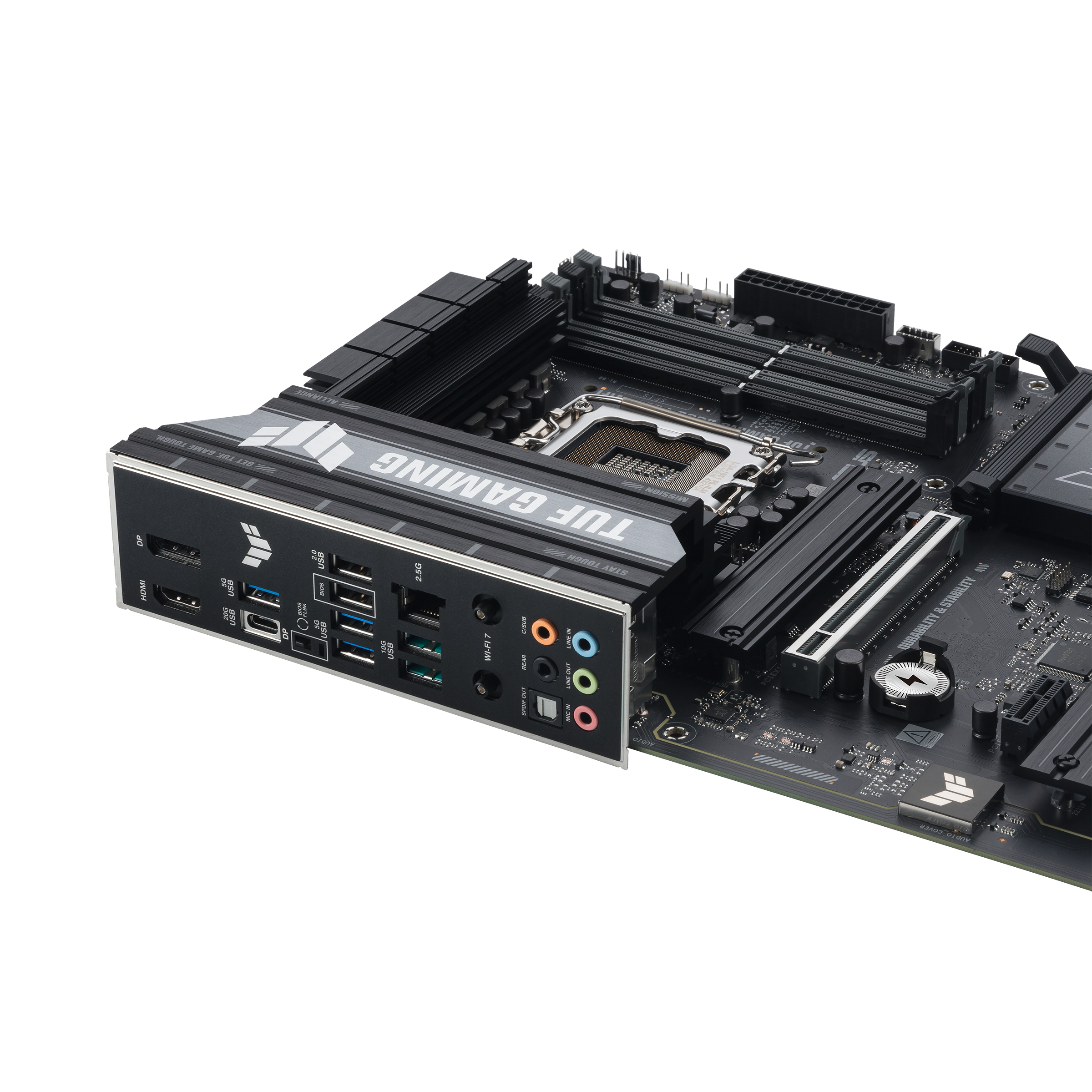 A large main feature product image of ASUS TUF Gaming B860-Plus WiFi LGA1851 ATX Desktop Motherboard