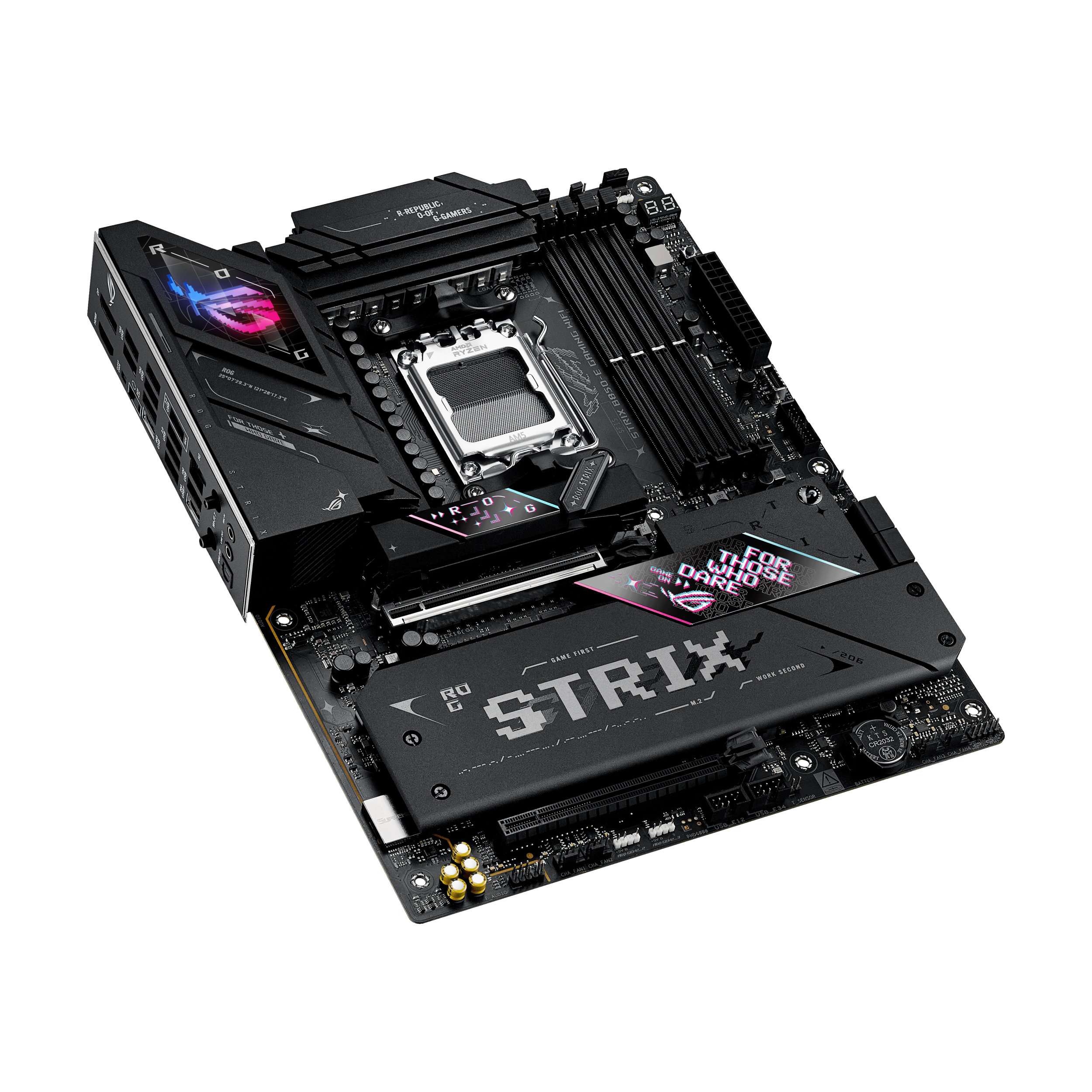 A large main feature product image of ASUS ROG Strix B850-E Gaming WiFi AM5 ATX Desktop Motherboard