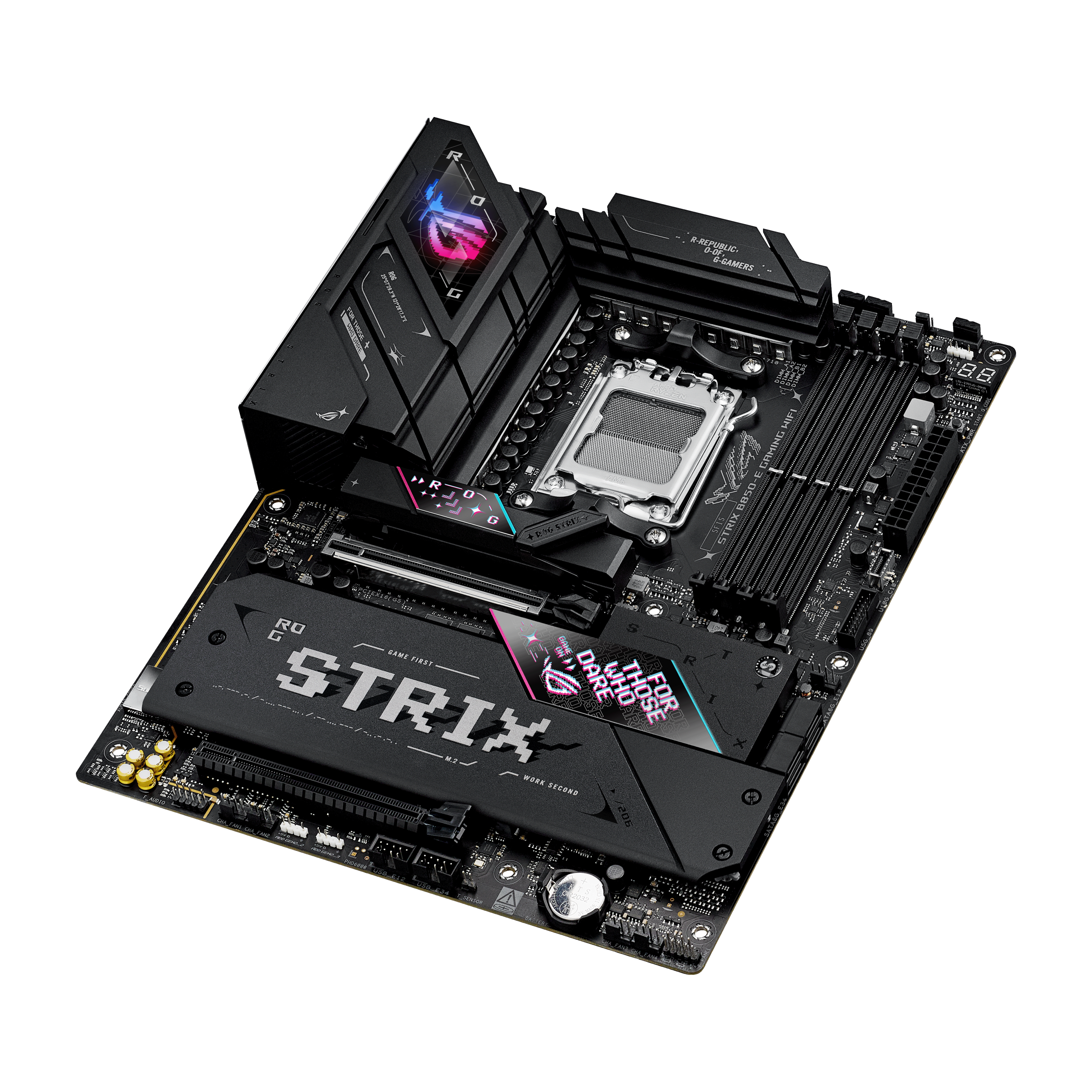 A large main feature product image of ASUS ROG Strix B850-E Gaming WiFi AM5 ATX Desktop Motherboard
