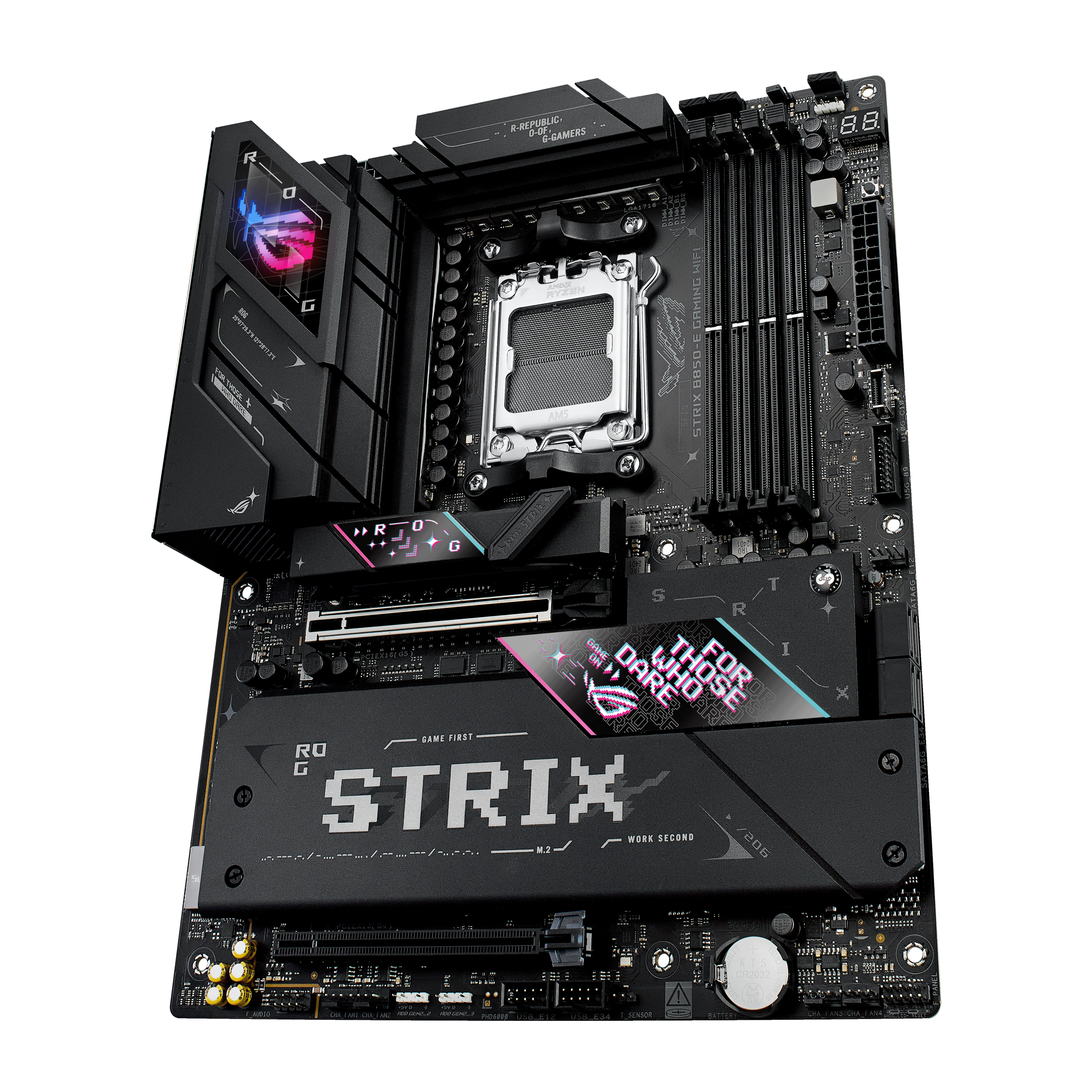 A large main feature product image of ASUS ROG Strix B850-E Gaming WiFi AM5 ATX Desktop Motherboard