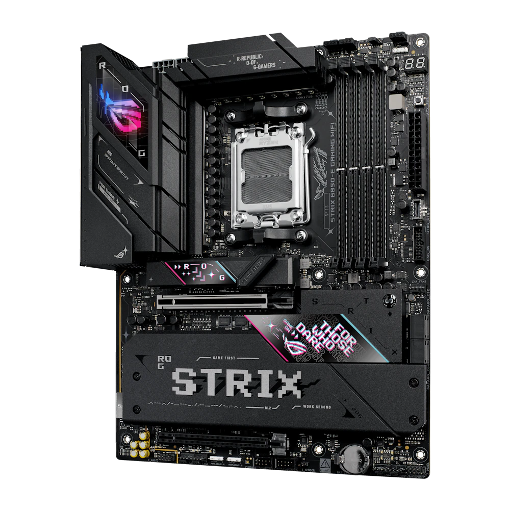 A large main feature product image of ASUS ROG Strix B850-E Gaming WiFi AM5 ATX Desktop Motherboard