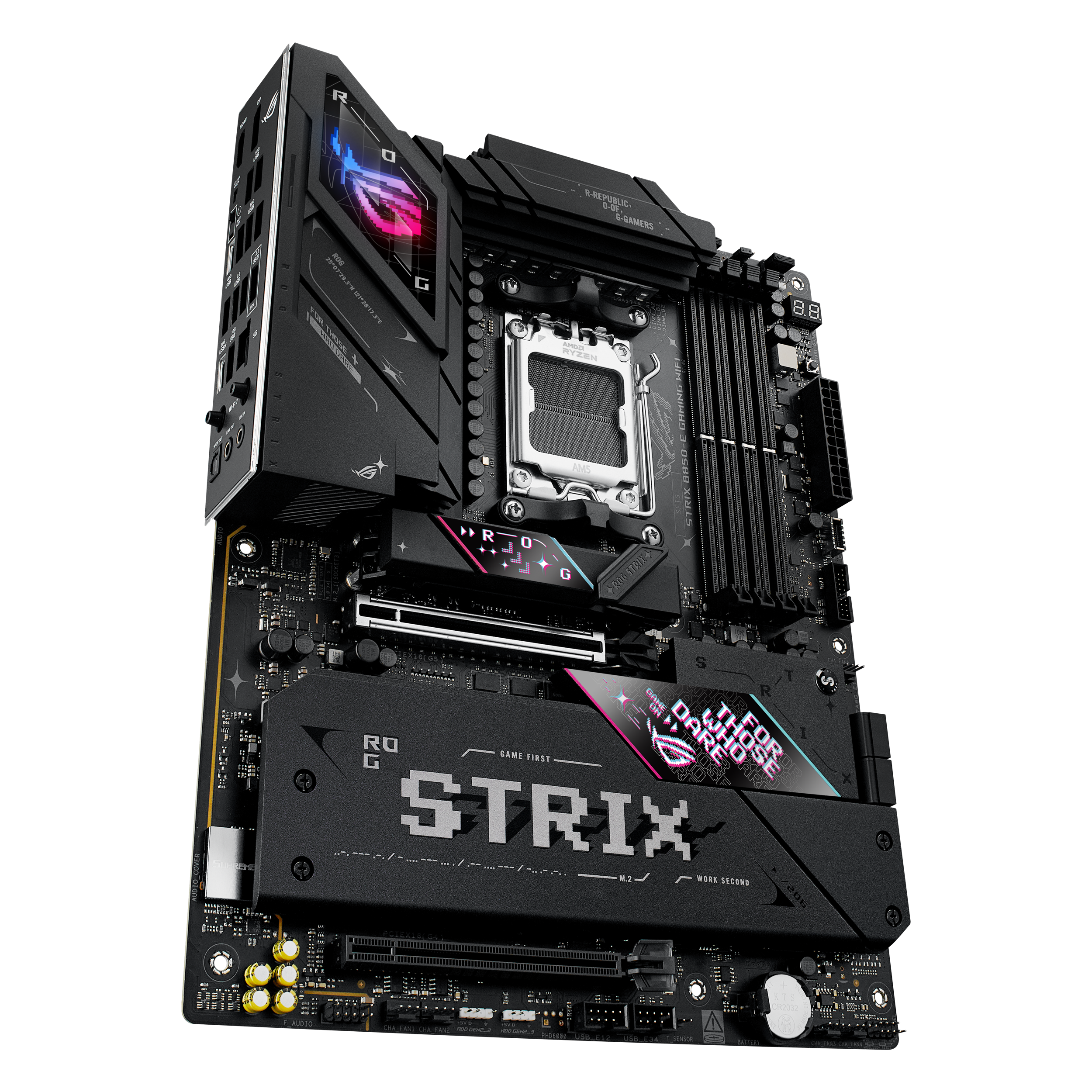A large main feature product image of ASUS ROG Strix B850-E Gaming WiFi AM5 ATX Desktop Motherboard