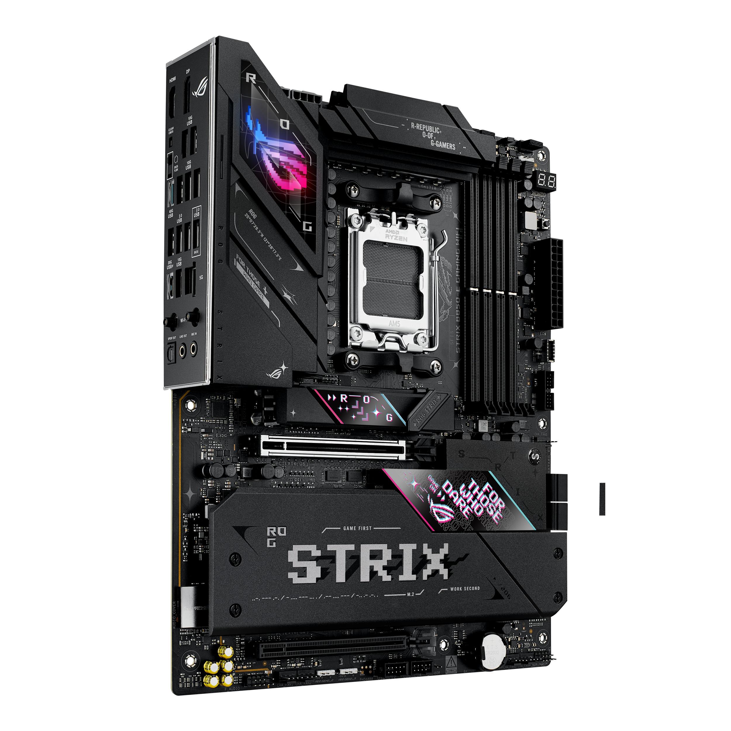 A large main feature product image of ASUS ROG Strix B850-E Gaming WiFi AM5 ATX Desktop Motherboard