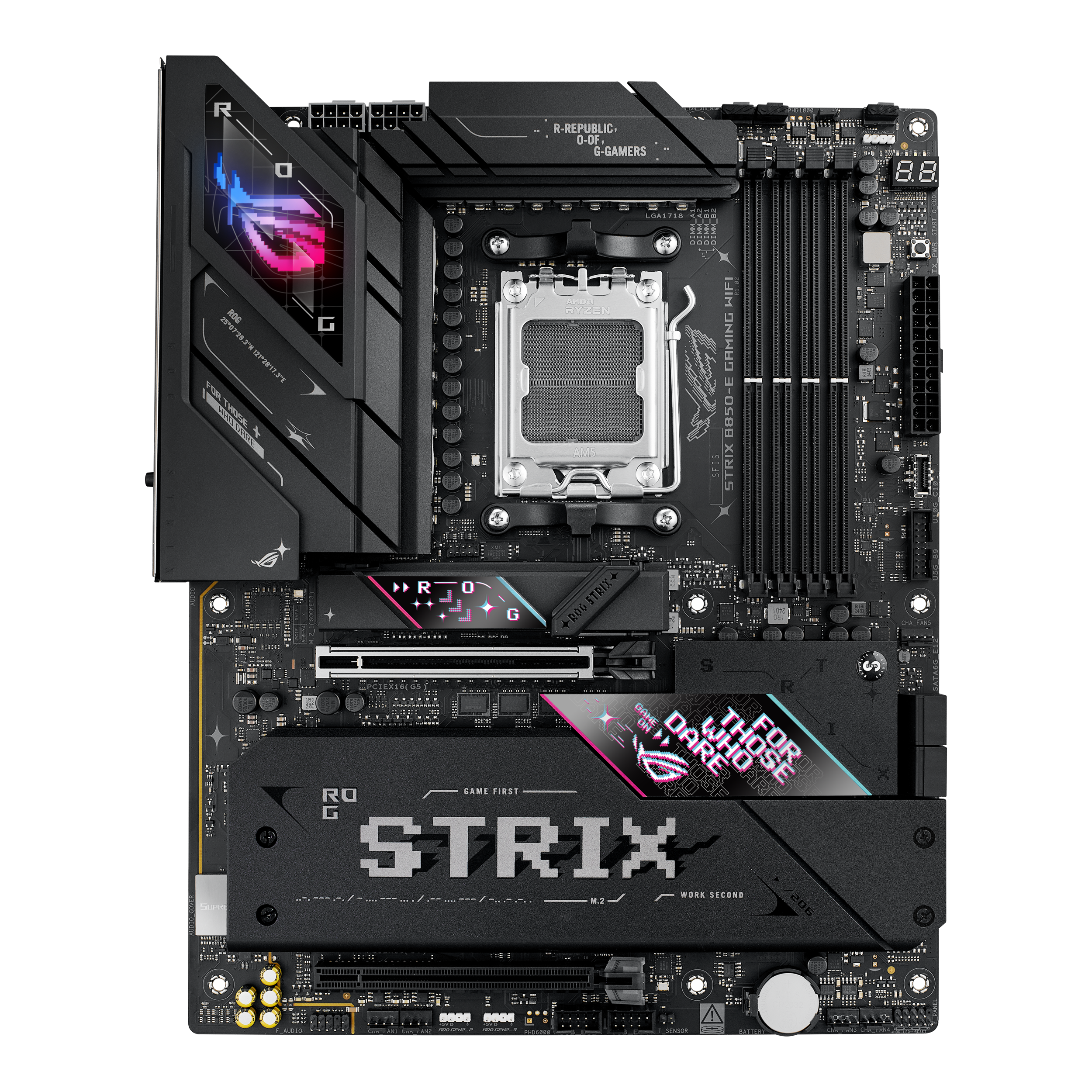 A large main feature product image of ASUS ROG Strix B850-E Gaming WiFi AM5 ATX Desktop Motherboard