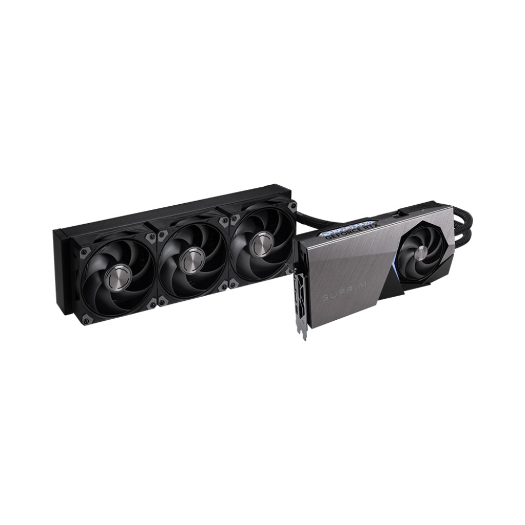 A large main feature product image of MSI GeForce RTX 5090 Suprim Liquid SOC 32GB GDDR7