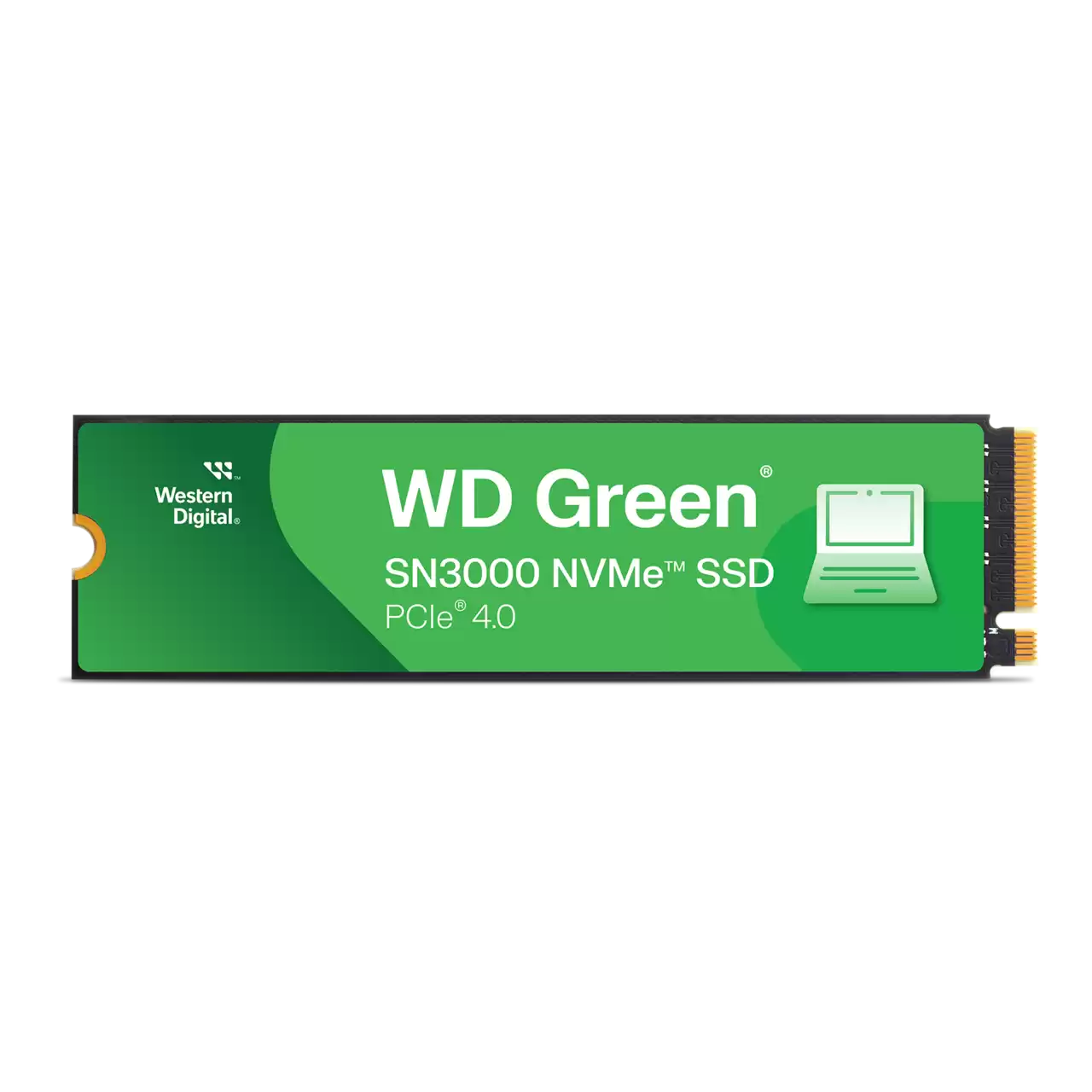 A large main feature product image of WD Green SN3000 PCIe Gen4 NVMe M.2 SSD - 2TB