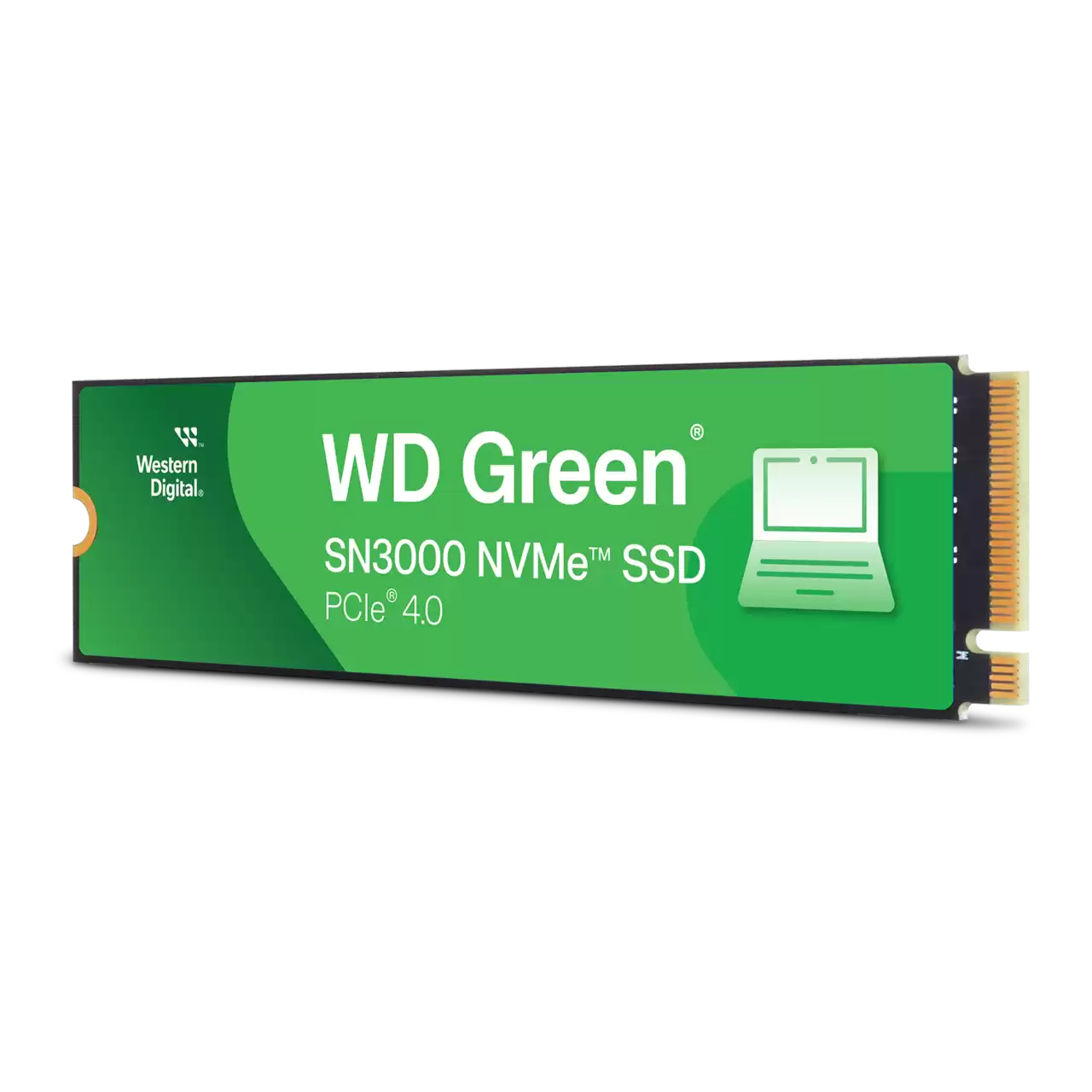 A large main feature product image of WD Green SN3000 PCIe Gen4 NVMe M.2 SSD - 2TB
