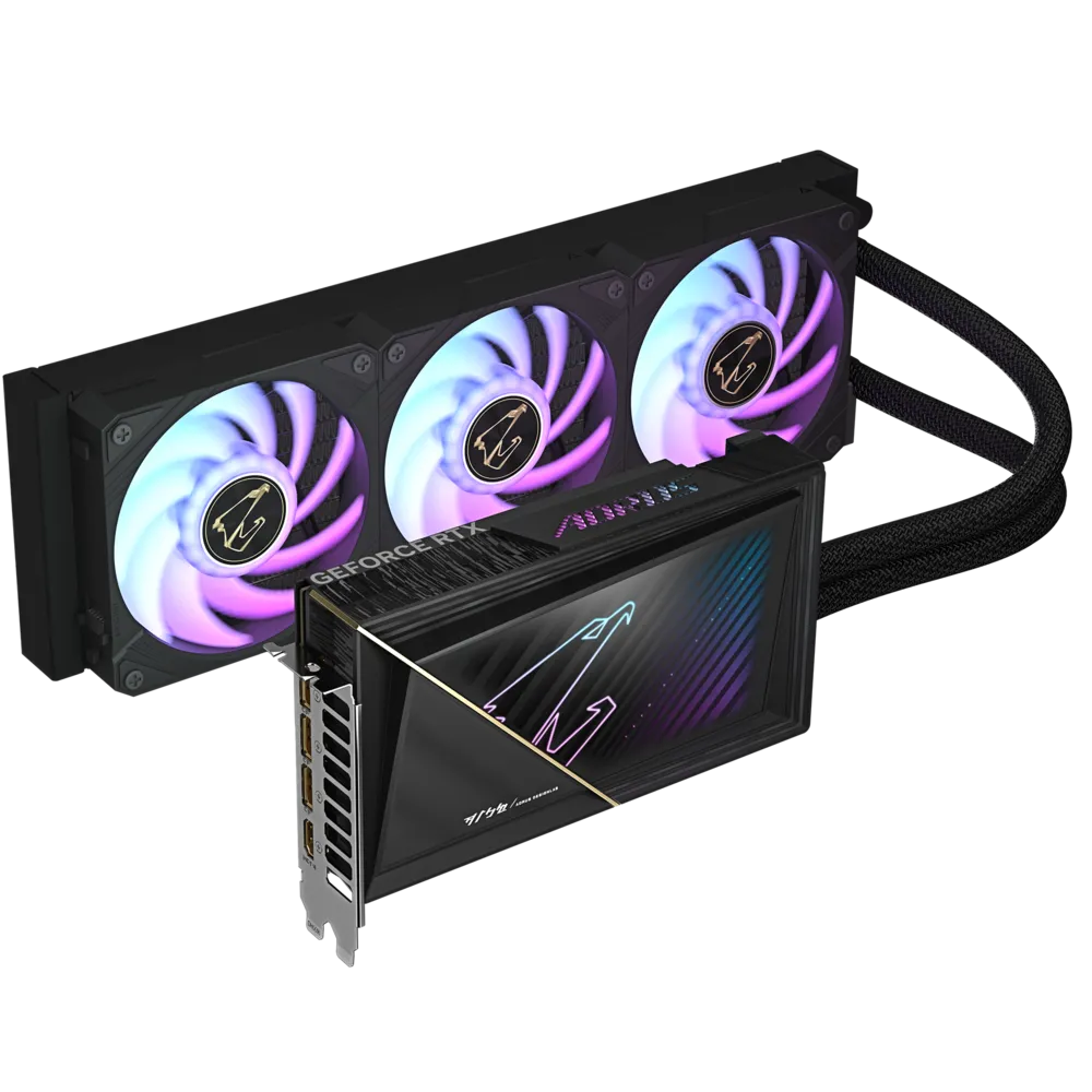 A large main feature product image of Gigabyte GeForce RTX 5080 Aorus Xtreme Waterforce 16GB GDDR7