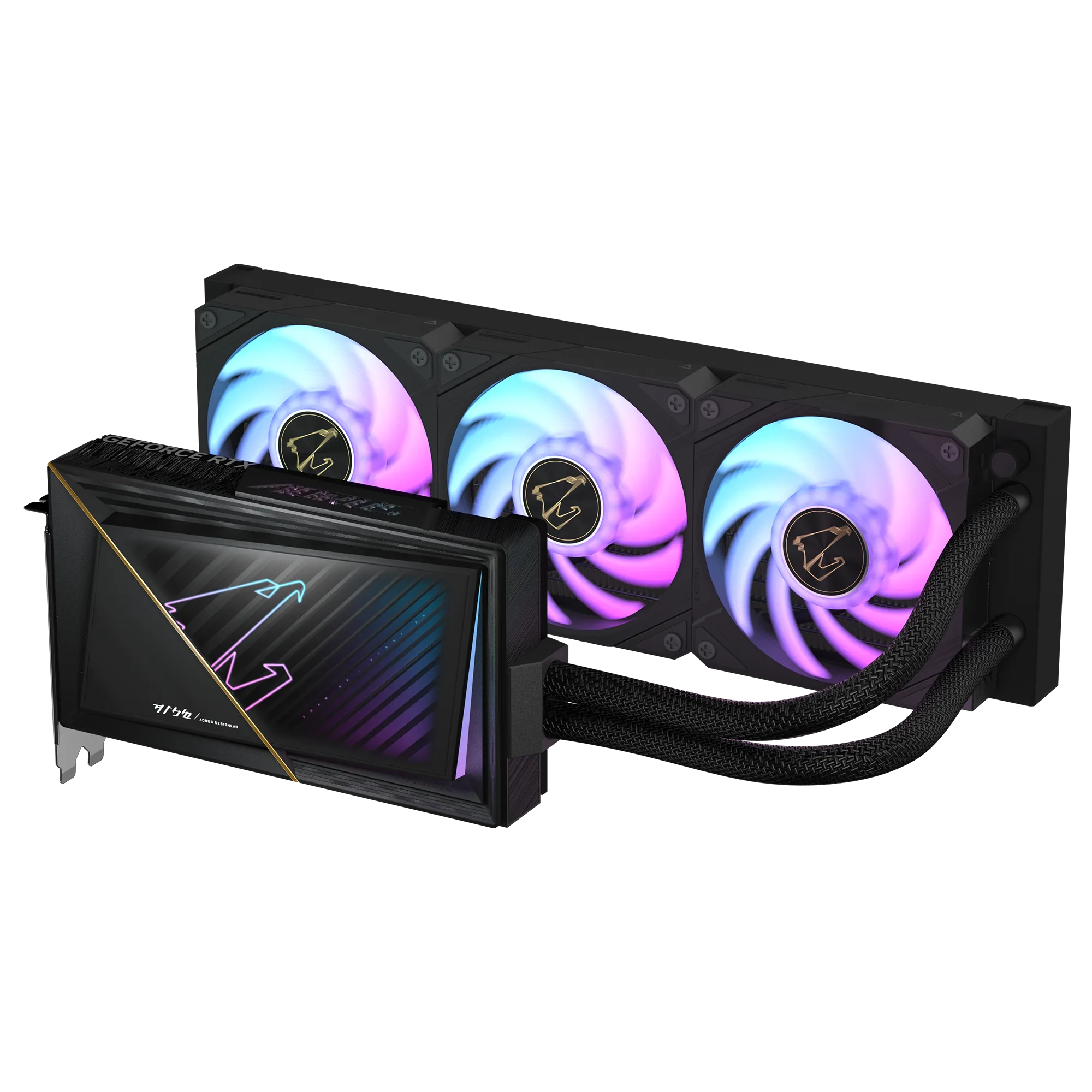 A large main feature product image of Gigabyte GeForce RTX 5080 Aorus Xtreme Waterforce 16GB GDDR7