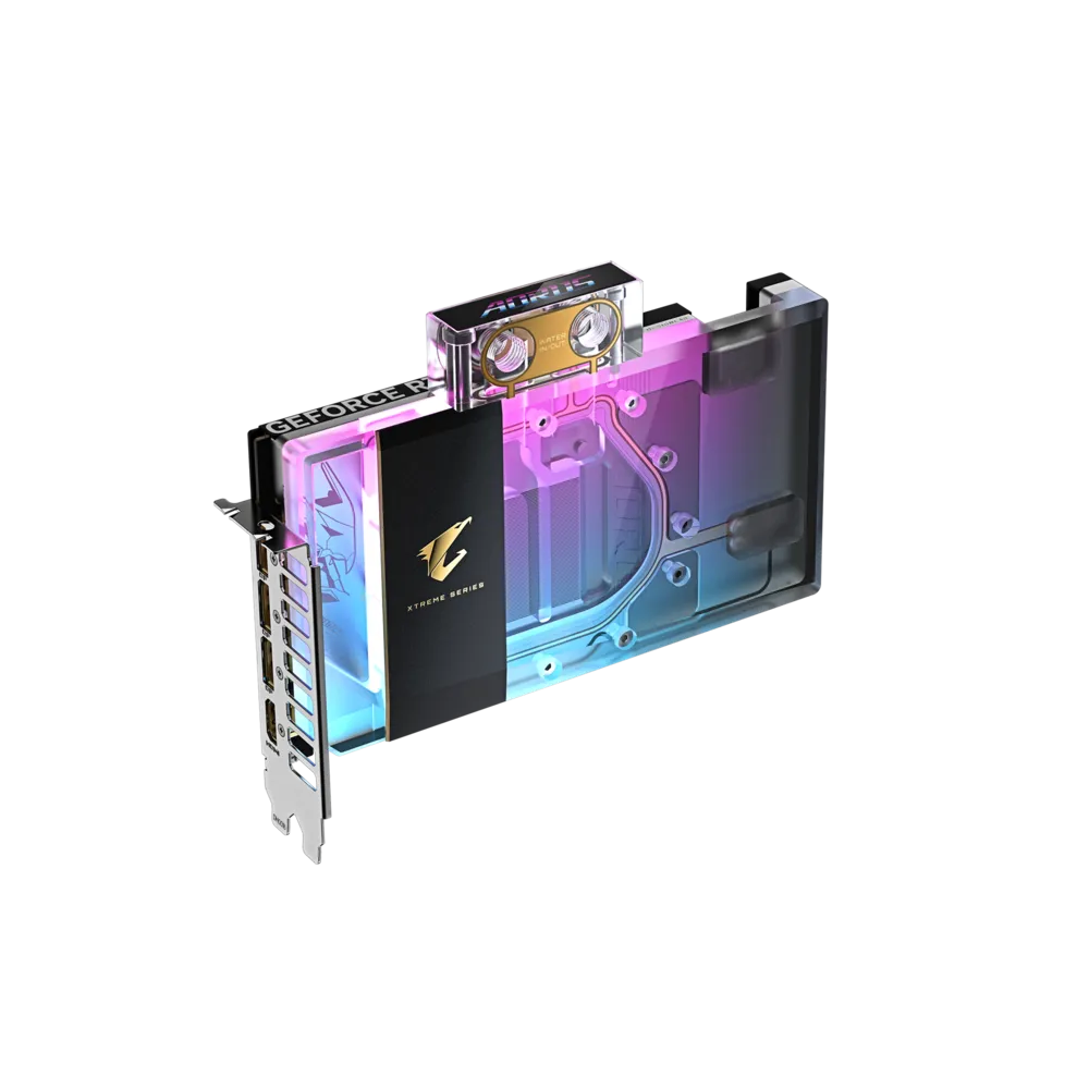 A large main feature product image of Gigabyte GeForce RTX 5080 Aorus Xtreme Waterforce WB 16GB GDDR7