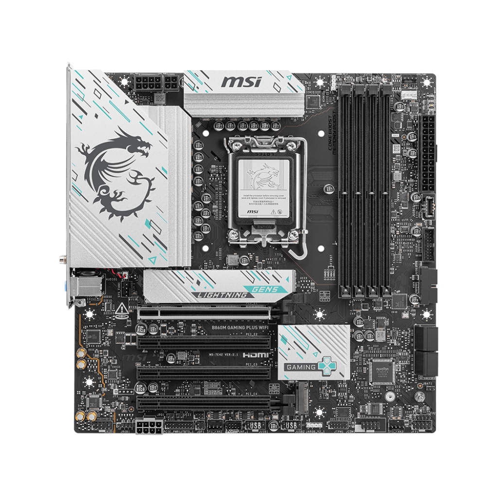 A large main feature product image of MSI B860M Gaming Plus WiFi LGA1851 mATX Desktop Motherboard