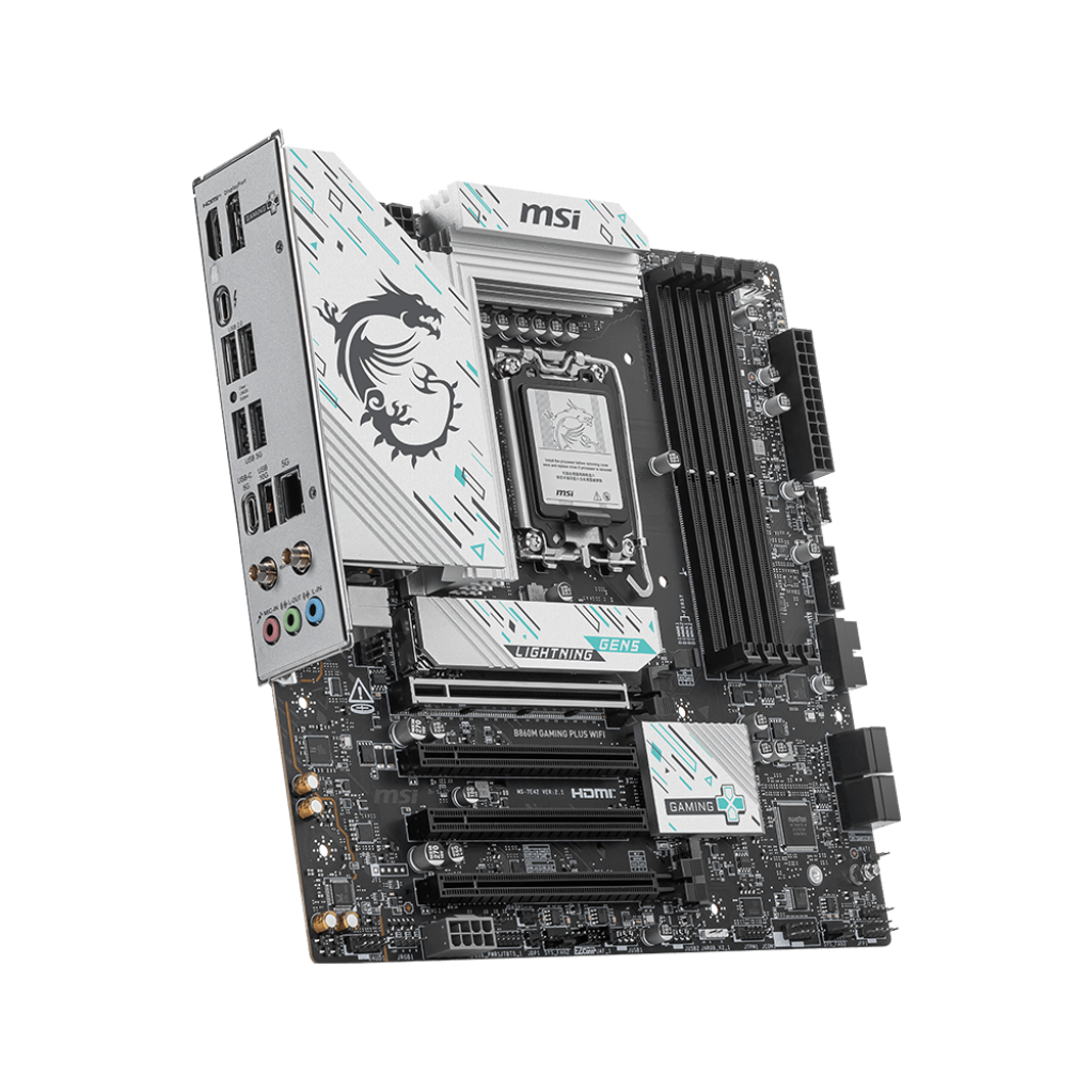 A large main feature product image of MSI B860M Gaming Plus WiFi LGA1851 mATX Desktop Motherboard