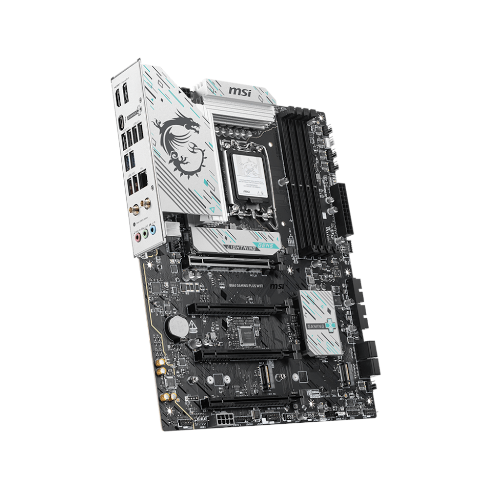 A large main feature product image of MSI B860 Gaming Plus WiFi LGA1851 ATX Desktop Motherboard