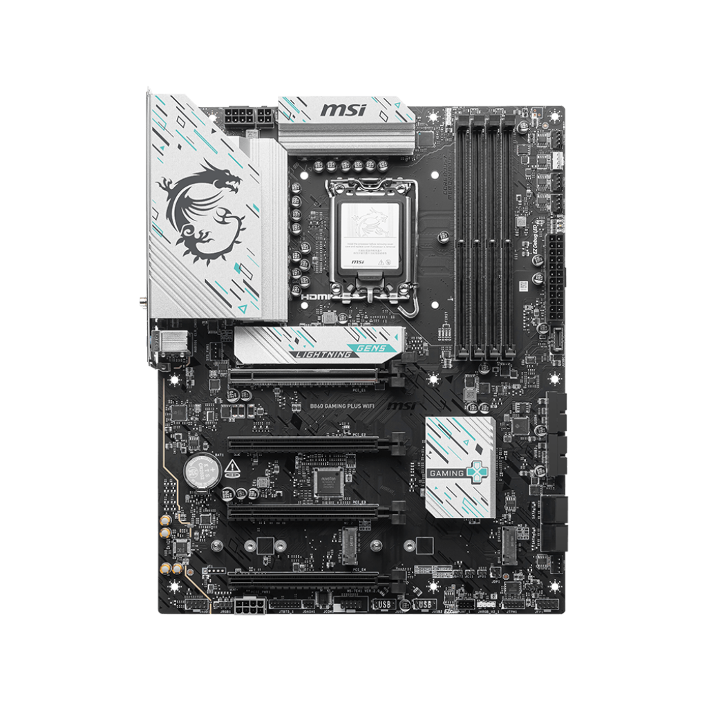 A large main feature product image of MSI B860 Gaming Plus WiFi LGA1851 ATX Desktop Motherboard