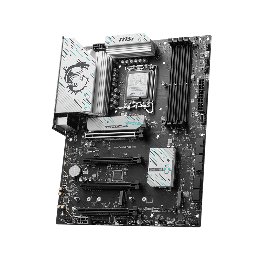 A large main feature product image of MSI B860 Gaming Plus WiFi LGA1851 ATX Desktop Motherboard