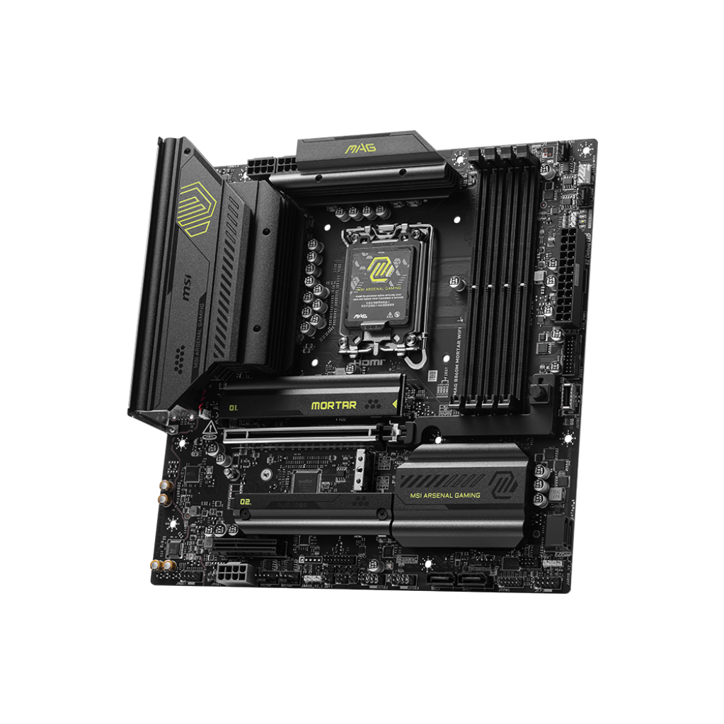 A large main feature product image of MSI MAG B860M Mortar WiFi LGA1851 mATX Desktop Motherboard