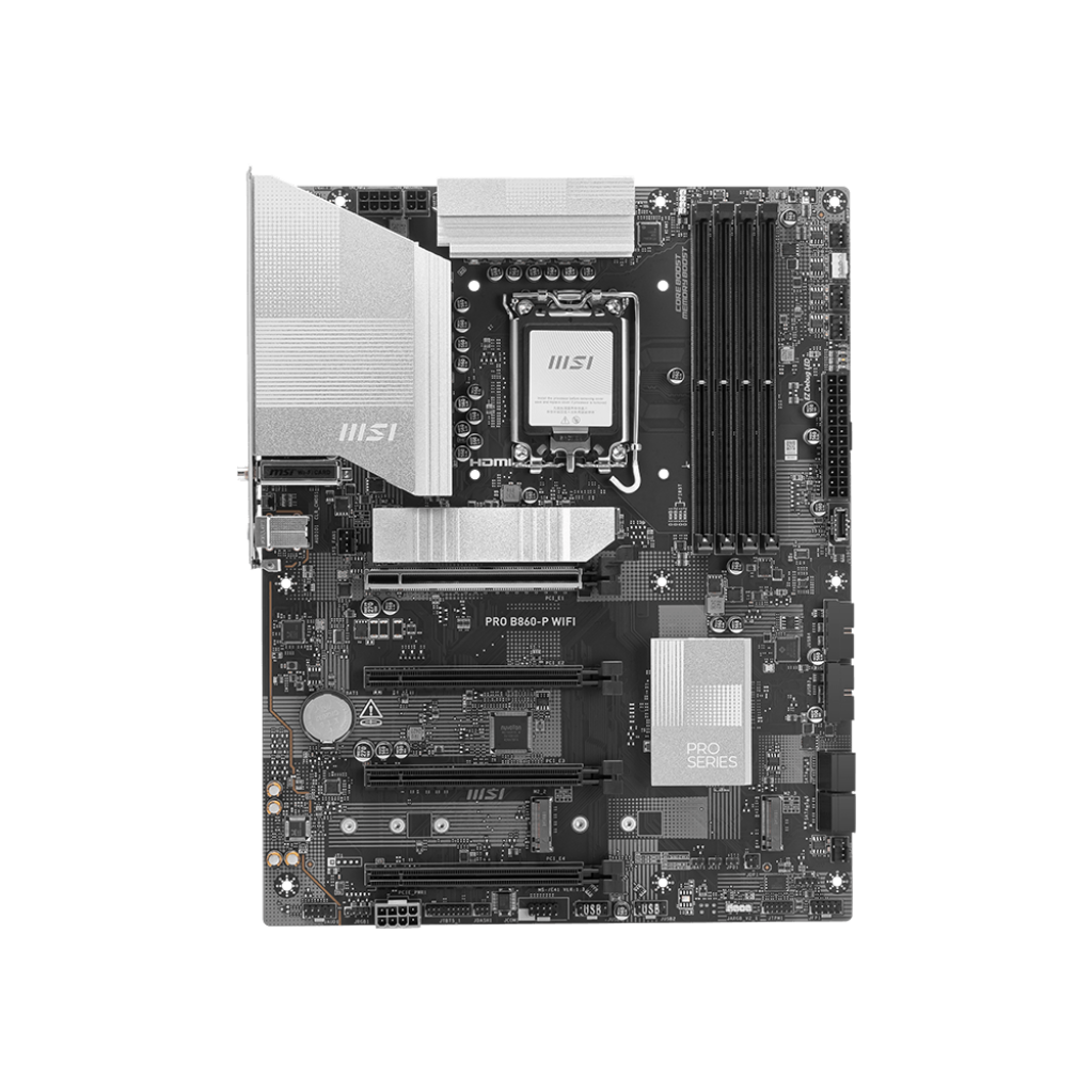 A large main feature product image of MSI PRO B860-P WiFi LGA1851 ATX Desktop Motherboard