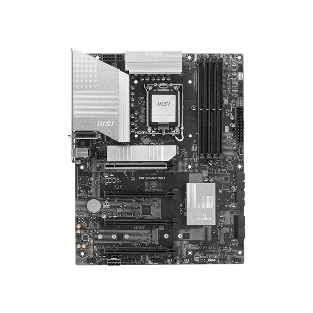 A large main feature product image of MSI PRO B860-P WiFi LGA1851 ATX Desktop Motherboard