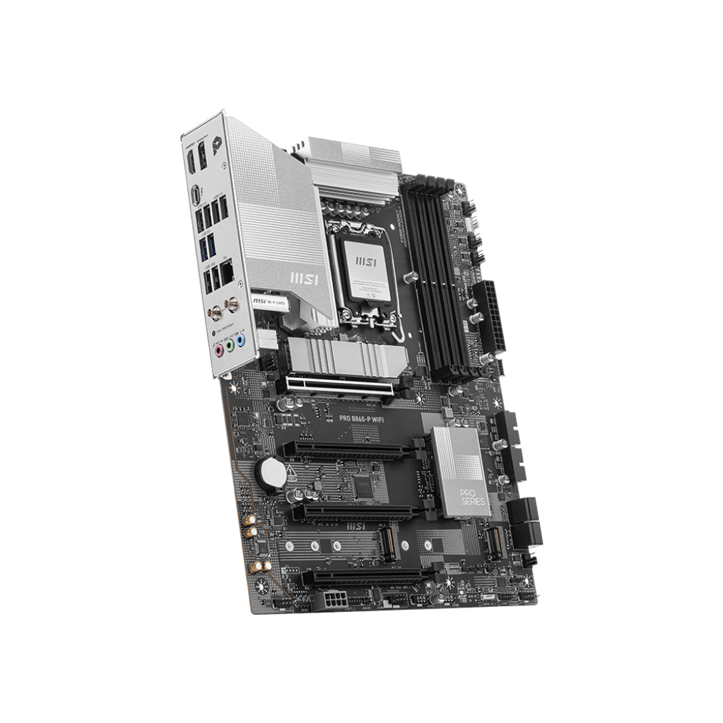 A large main feature product image of MSI PRO B860-P WiFi LGA1851 ATX Desktop Motherboard