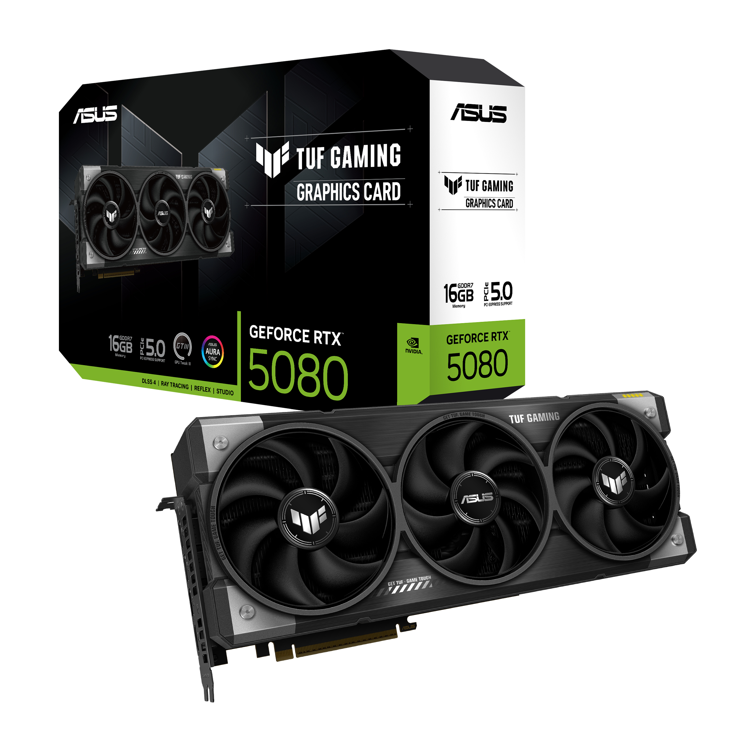A large main feature product image of ASUS GeForce RTX 5080 TUF Gaming 16GB GDDR7