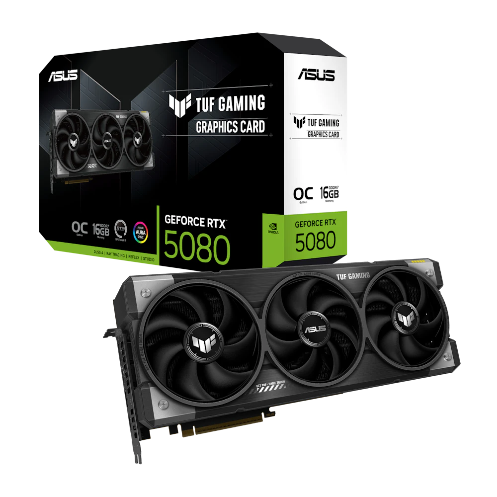 A large main feature product image of ASUS GeForce RTX 5080 TUF Gaming OC 16GB GDDR7