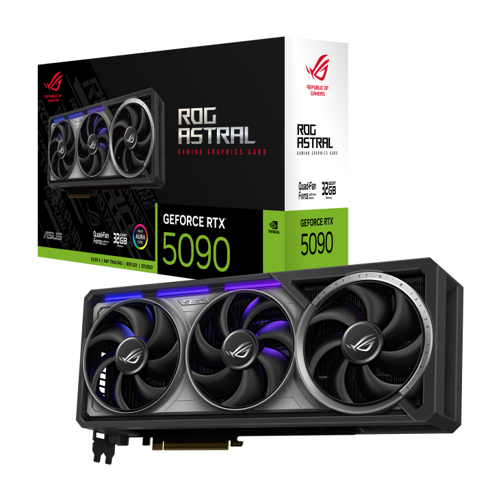 A large main feature product image of ASUS GeForce RTX 5090 ROG Astral 32GB GDDR7