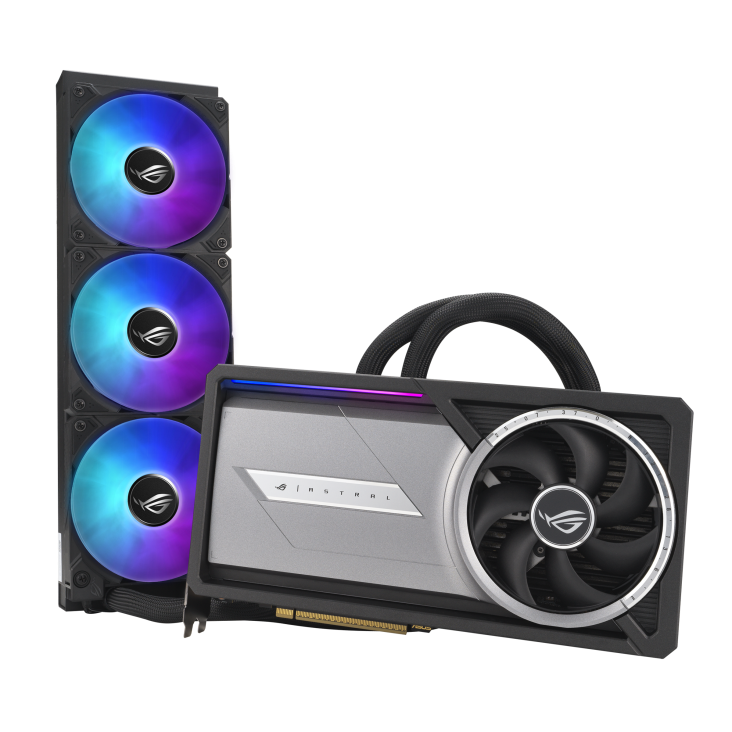 A large main feature product image of ASUS GeForce RTX 5090 ROG Astral LC 32GB GDDR7
