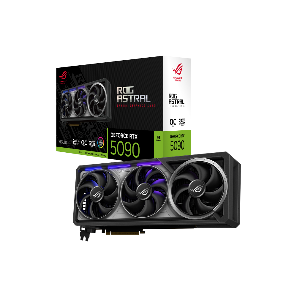 A large main feature product image of ASUS GeForce RTX 5090 ROG Astral OC 32GB GDDR7