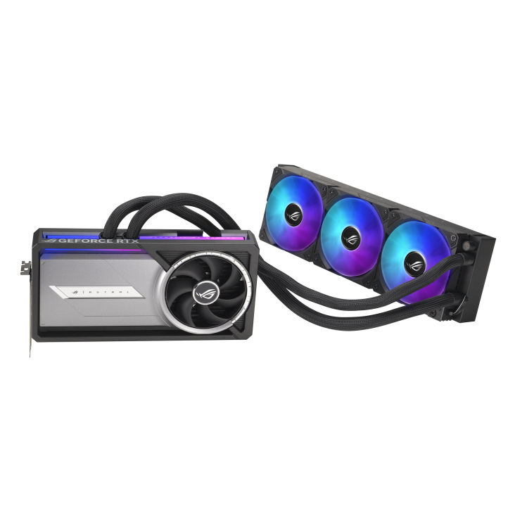 A large main feature product image of ASUS GeForce RTX 5090 ROG Astral LC OC 32GB GDDR7