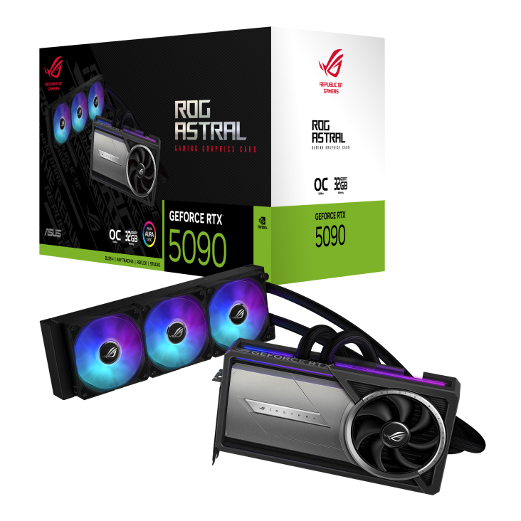 A large main feature product image of ASUS GeForce RTX 5090 ROG Astral LC OC 32GB GDDR7