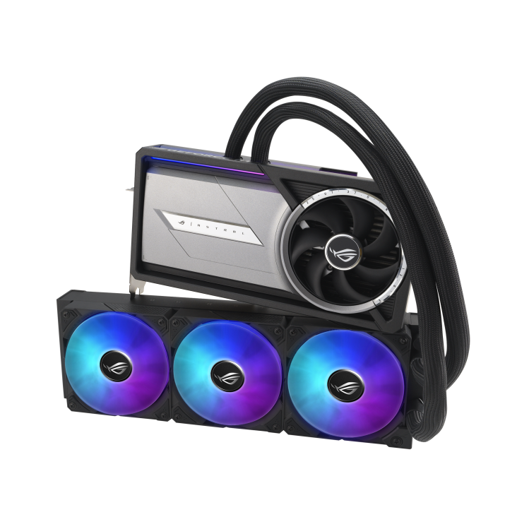 A large main feature product image of ASUS GeForce RTX 5090 ROG Astral LC OC 32GB GDDR7