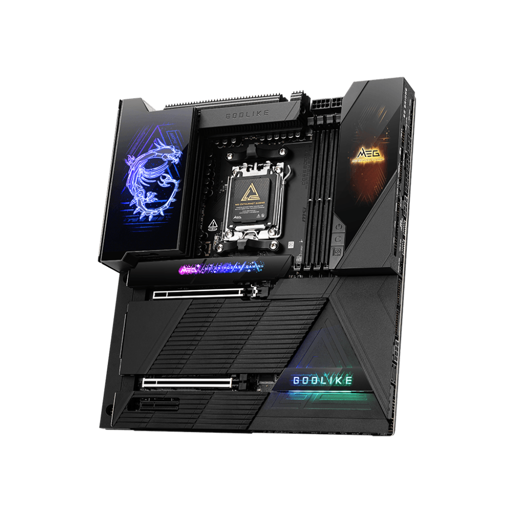 A large main feature product image of MSI X870E GODLIKE AM5 eATX Desktop Motherboard