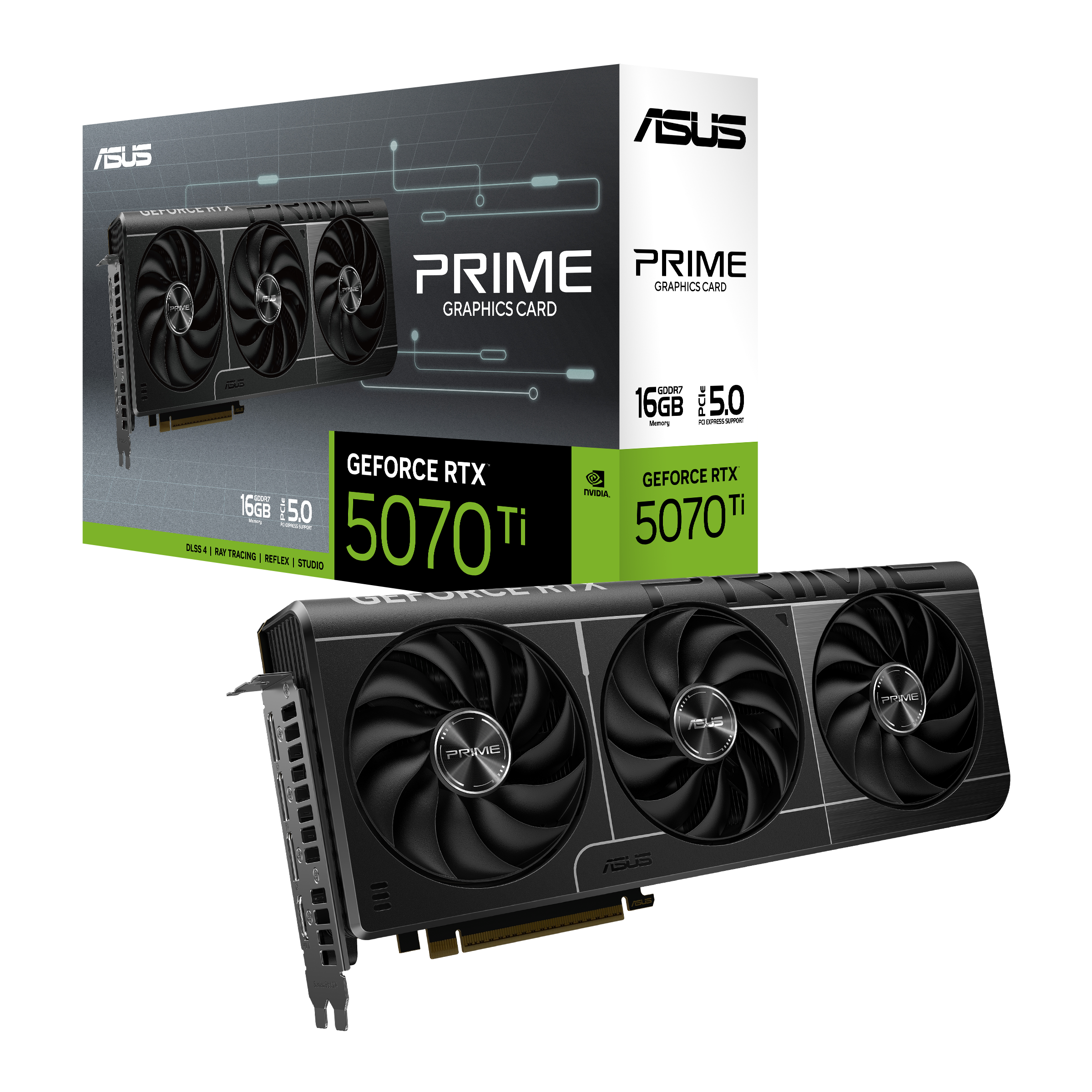 A large main feature product image of ASUS GeForce RTX 5070 Ti Prime 16GB GDDR7