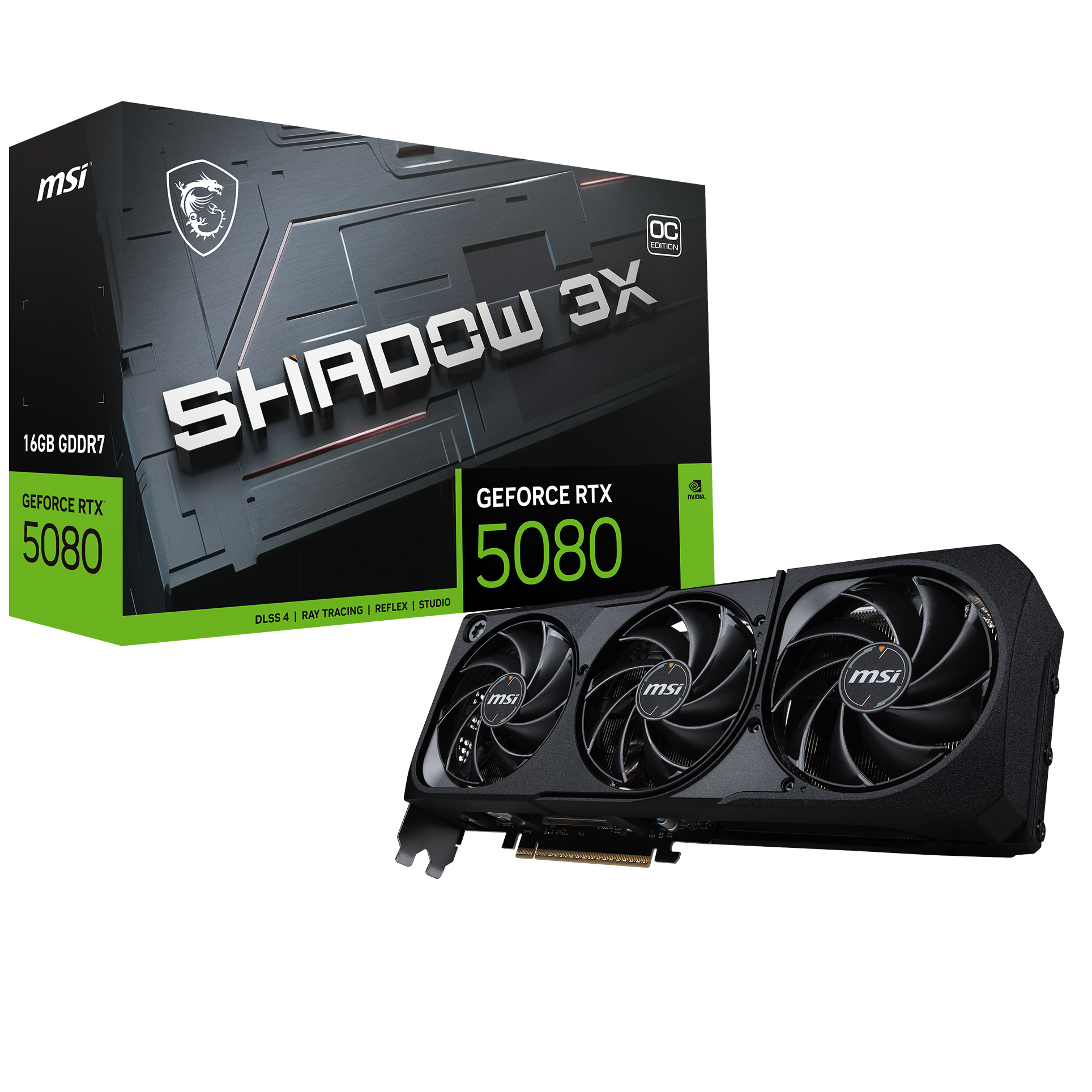 A large main feature product image of MSI GeForce RTX 5080 Shadow 3X OC 16GB GDDR7