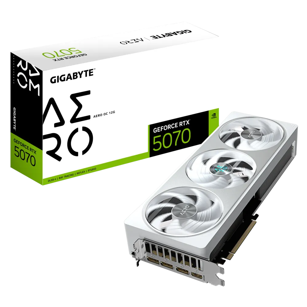 A large main feature product image of Gigabyte GeForce RTX 5070 Aero White OC 12GB GDDR7