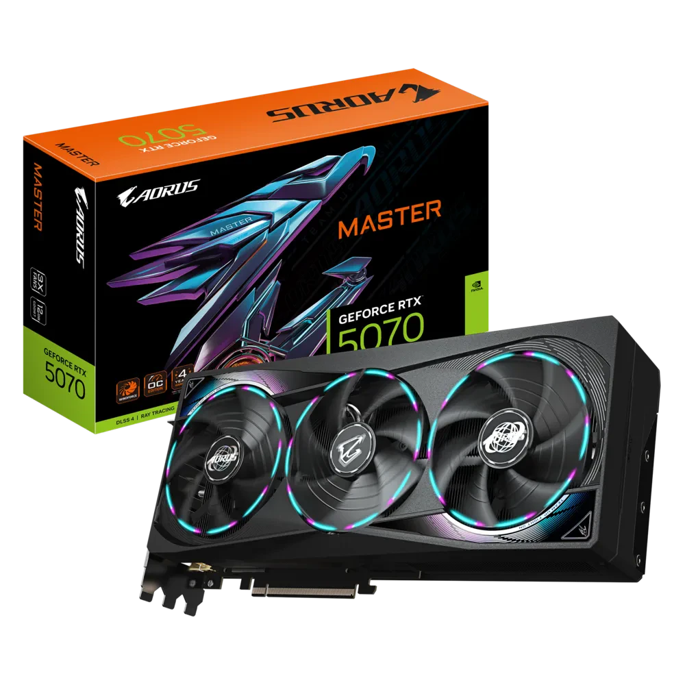 A large main feature product image of Gigabyte GeForce RTX 5070 Aorus Master 12GB GDDR7