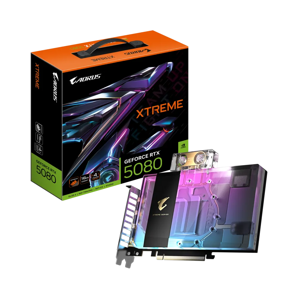 A large main feature product image of Gigabyte GeForce RTX 5080 Aorus Xtreme Waterforce WB 16GB GDDR7