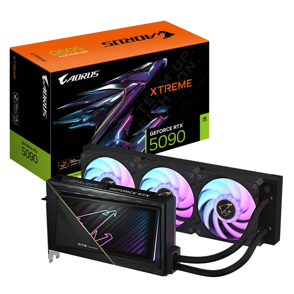 A large main feature product image of Gigabyte GeForce RTX 5090 Aorus Xtreme Waterforce 32GB GDDR7